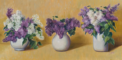Lilacs with Three White Vases